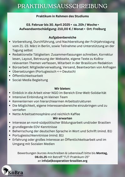 Praktikum in Rahmen des Studiums 03. Februar bis 30. April 2025 ca. 20h Woche flexible Arbeitszeiten Aufwandsentschädigung 210,00 € Monat Ort Freiburg Bewerbungen (kurzes Anschreiben & Lebenslau.png