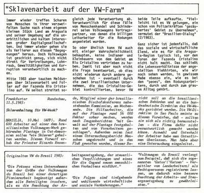 Brasilianische Staatsanwaltschaft für Arbeit und Soziales erhebt Anklage gegen Volkswagen wegen Sklavenarbeit auf der VW-Farm Vale do Rio Cristalino in Amazonien zwischen 1974 und 1986