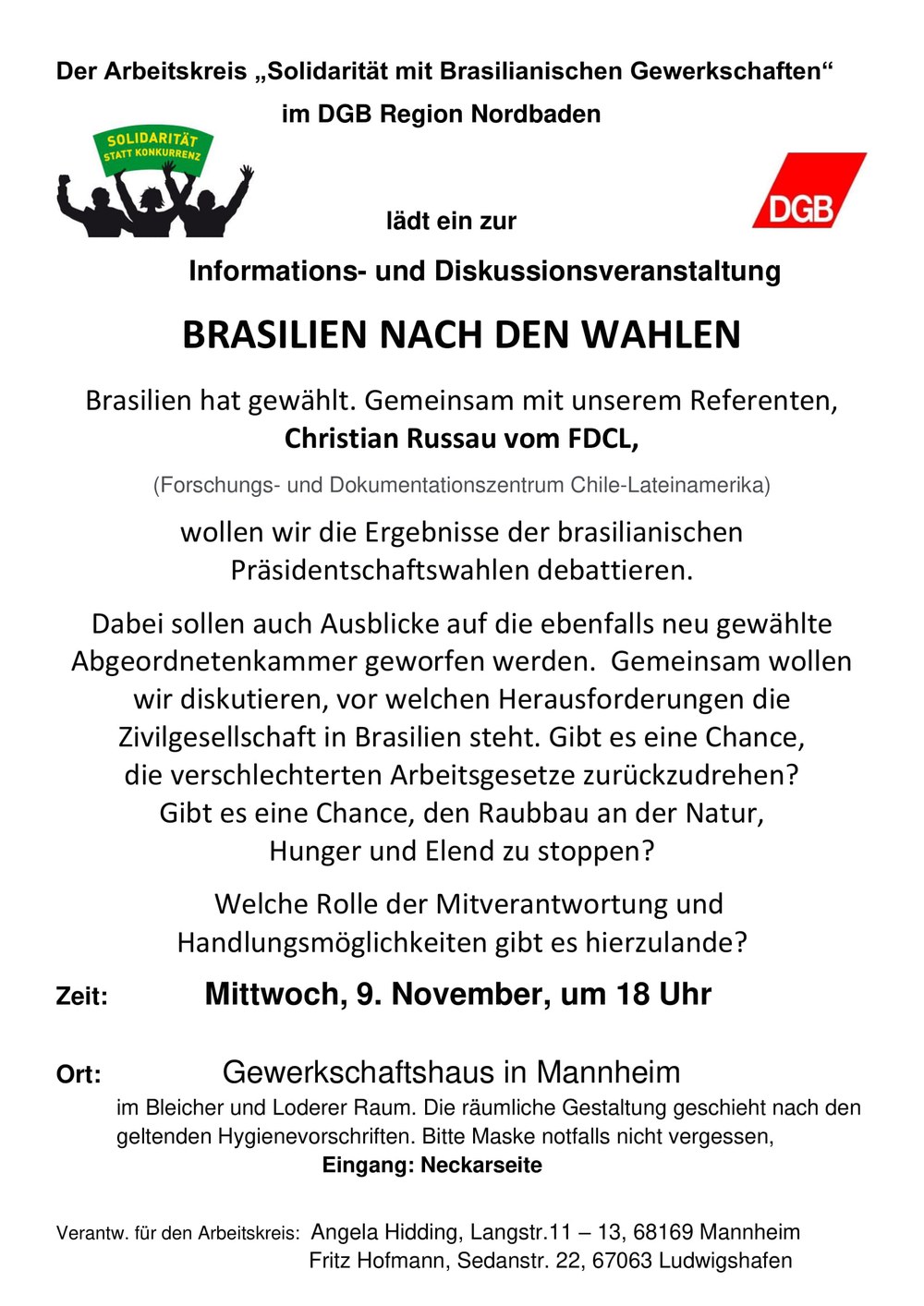 Informations- und Diskussionsveranstaltung BRASILIEN NACH DEN WAHLEN