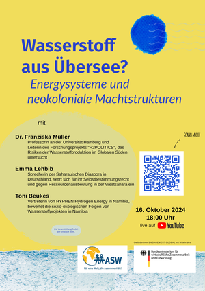 💧💧 Im globalen Wettlauf, Wasser in Treibstoff zu verwandeln, setzt Deutschland auf internationale Partnerschaften, um seine Klimaziele zu erreichen. Seinen Bedarf an Wasserstoff kann Deutschland dabei langfristig nur durch Importe aus dem Ausland decken: Schon 2030 sollen bis zu 70 Prozent per Schiff und über Pipelines transportiert werden. Während wir uns auf eine globale Wasserstoffwirtschaft hinbewegen, bleiben die Frage: Welche neuen Nord-Süd-Abhängigkeiten verursacht der Hype um Wasserstoff? Inwiefern sind Energiesysteme und -partnerschaften durch neokoloniale Machtdynamiken und Praktiken geprägt? Was sind sozio-ökologische Risiken von länderübergreifenden Wasserstoffprojekten?